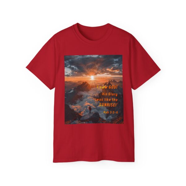 Cotton T-shirt with our inspirational "His splendor was like the sunrise" design with a quote from Habakkuk 3:3-4. Vintage Christian Faith Apparel Unisex Cotton T-Shirt, Thoughtful Quote - Image 30