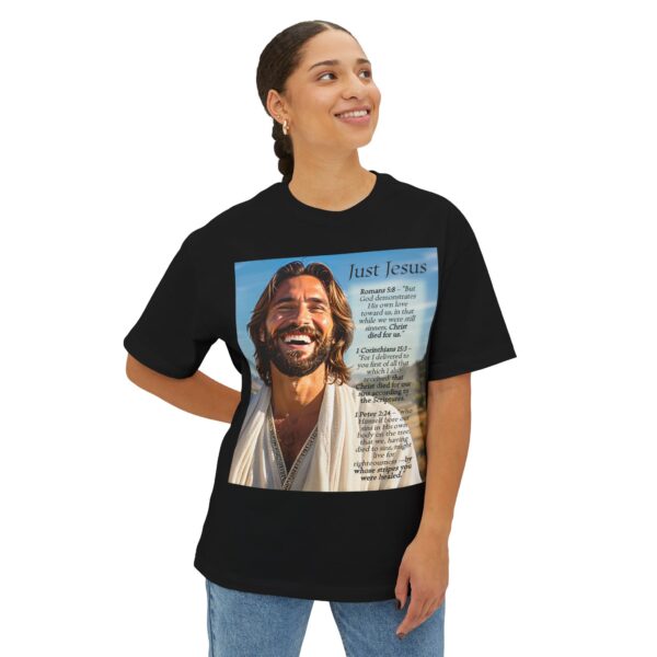 Our inspirational "Just Jesus" and Verses on Salvation Design on a Unisex Oversized Box Tshirt, Religious Graphic Top, Bible Verse Apparel - Image 6