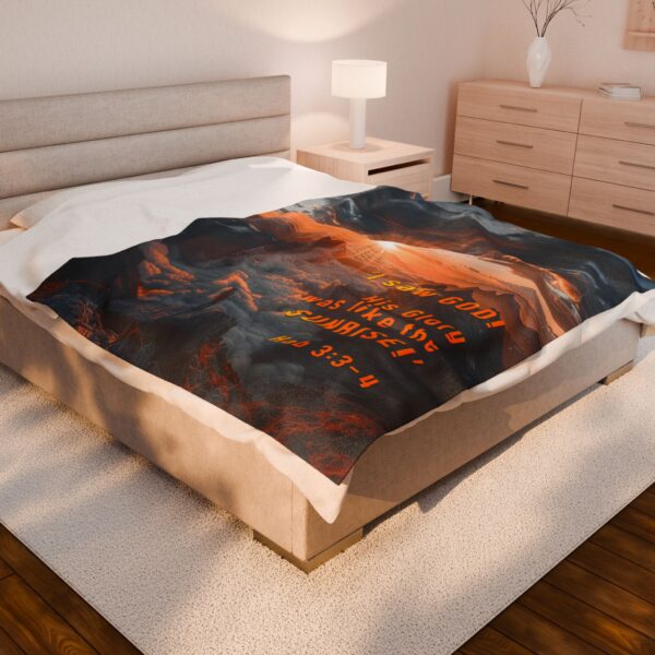Our "God's Radiance was like the Sunrise" inspirational design with Hab 3:3-4, Velveteen Plush Throw Blanket. A Cozy Gift or Faith Home Decor Bedding - Image 4