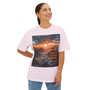 Boxy Oversized T-shirt with our inspirational "His splendor was like the sunrise" design with a quote from Habakkuk 3:3-4. Christian Faith Apparel Unisex Cotton Tee, Oversized Boxy Tshirt