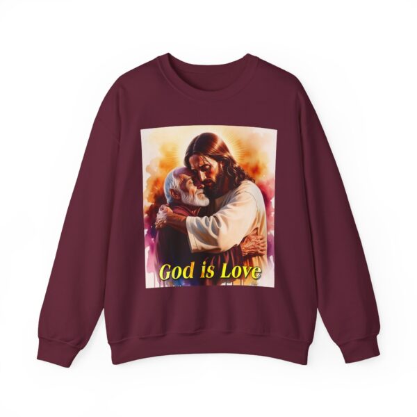 Crewneck Sweatshirt with our "God is Love" series with Jesus hugging papa! Inspirational Biblical Vintage Inspired Gift - Image 2