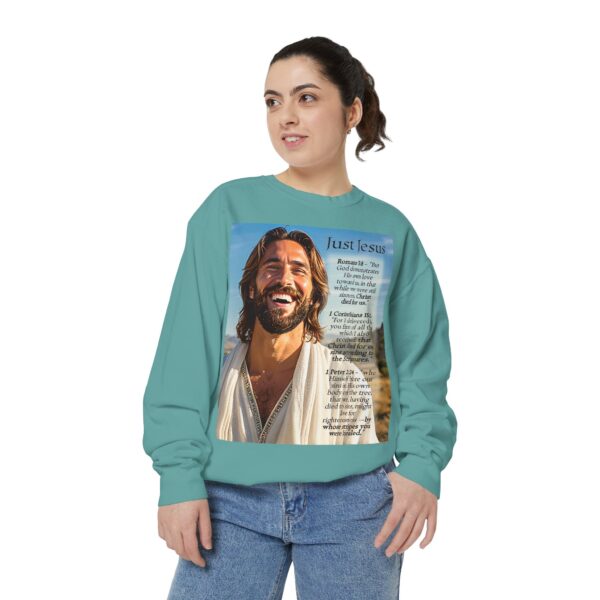 Sweatshirt Unisex with our inspirational "Just Jesus" and Verses on Salvation Design! Faith Apparel Gospel Fashion Jumper, Pullover - Image 21