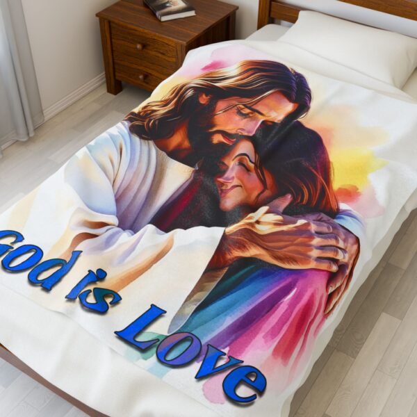 Our "God is Love" series Throw Blanket with an image of Jesus hugging a Young Lady! Inspirational Velveteen Plush Throw Blanket A Cozy Gift for Anniversary, Wedding Faith Home Decor Bedding - Image 7