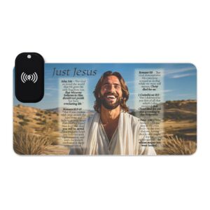 LED + Wireless Charger Gaming Mouse Pad with our inspirational "Just Jesus" and Verses on Salvation Design, Gaming Desk Accessory, Tech Gift, Home Office Gamer Essentials
