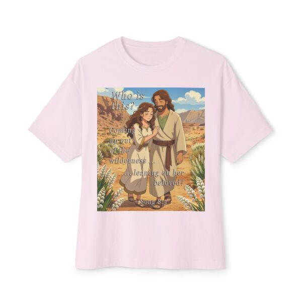 Our inspirational "Who is this?" from Song of Solomon 8:5, ANIME style design Boxy T-Shirt, Inspirational Christian Faith Apparel Unisex Cotton Tee, Oversized Boxy Top T-shirt - Image 2