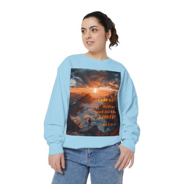 Sweatshirt Unisex our inspirational "His splendor was like the sunrise" design with a quote from Habakkuk 3:3-4! Faith Apparel Gospel Fashion Jumper, Pullover - Image 29