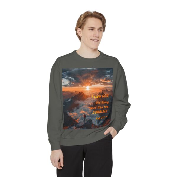 Sweatshirt Unisex our inspirational "His splendor was like the sunrise" design with a quote from Habakkuk 3:3-4! Faith Apparel Gospel Fashion Jumper, Pullover - Image 19