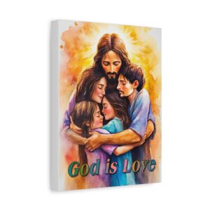 Inspirational Wall Art Canvas "God is Love" Jesus hugging a young family! Christian Home Decor Uplifting Religious Gift Faith-Based Artwork