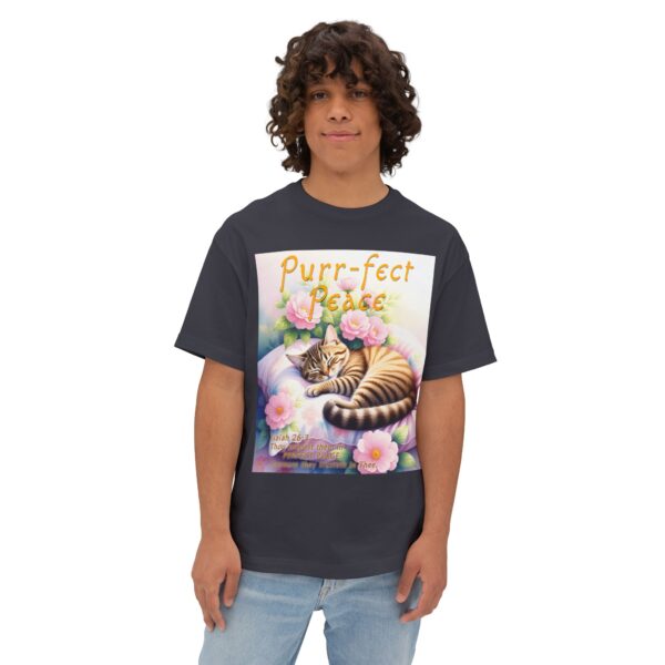 Our "Purr-fect Peace" Boxy T-Shirt with a cat in blissful sleep featuring the verse Isaiah 26:3! Inspirational Christian Faith Apparel Unisex Cotton Tee, Oversized Boxy Top T-shirt - Image 8