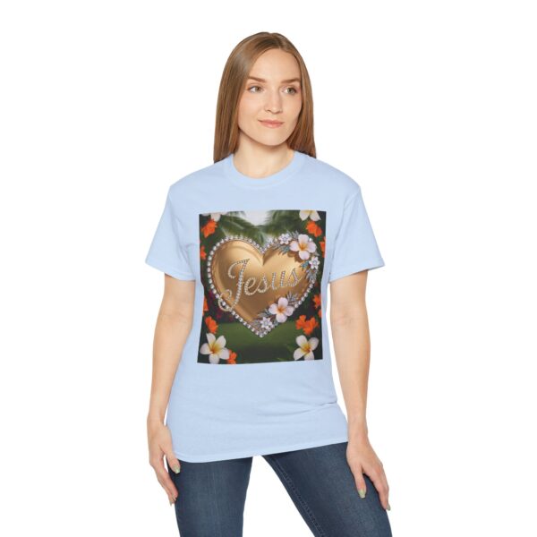 Our inspirational "Jesus" 'Diamond Ring-Solid Gold Heart' Design! on a Christian Unisex Cotton T-Shirt, Faith Spiritual Apparel, Love Gift - Image 20