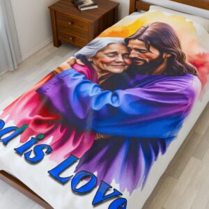 Our "God is Love" series with Jesus hugging Grandmother! Inspirational Velveteen Plush Throw Blanket A Cozy Gift for Anniversary, Wedding Faith Home Decor Bedding
