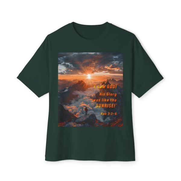 Boxy Oversized T-shirt with our inspirational "His splendor was like the sunrise" design with a quote from Habakkuk 3:3-4. Christian Faith Apparel Unisex Cotton Tee, Oversized Boxy Tshirt - Image 9
