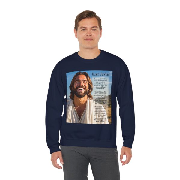 Crewneck Sweatshirt with our inspirational "Just Jesus" and Verses on Salvation Design! Vintage Inspired Faith Apparel, Gospel Fashion Unisex Heavy - Image 18