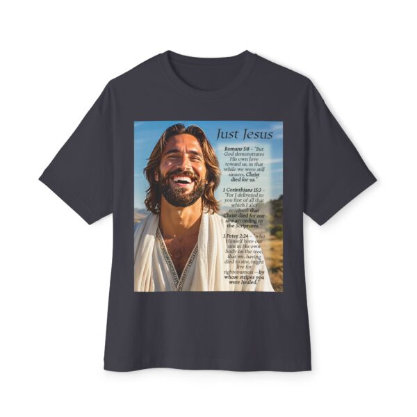 Our inspirational "Just Jesus" and Verses on Salvation Design on a Unisex Oversized Box Tshirt, Religious Graphic Top, Bible Verse Apparel - Image 11