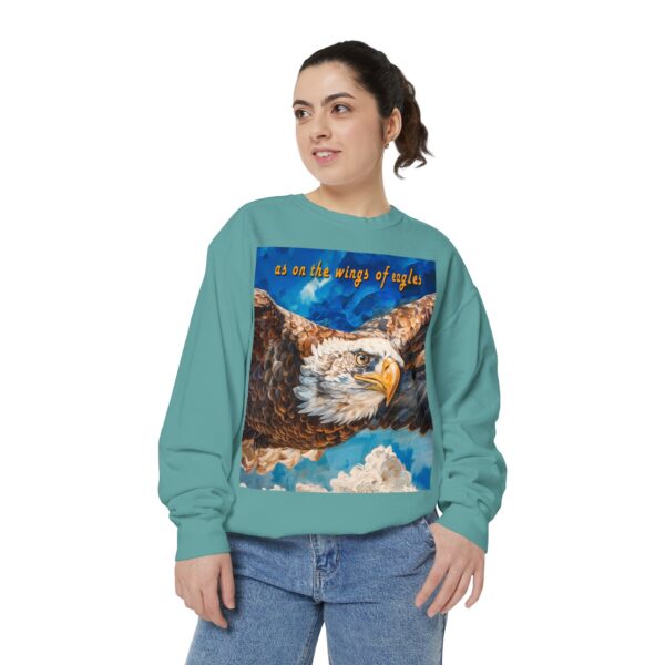 Our "as on the wings of eagles" Sweatshirt with a majestic eagle in flight. Vintage Christian Faith Apparel, Thoughtful Quote from Isaiah 40:31! Unisex Jumper, Pullover - Image 14