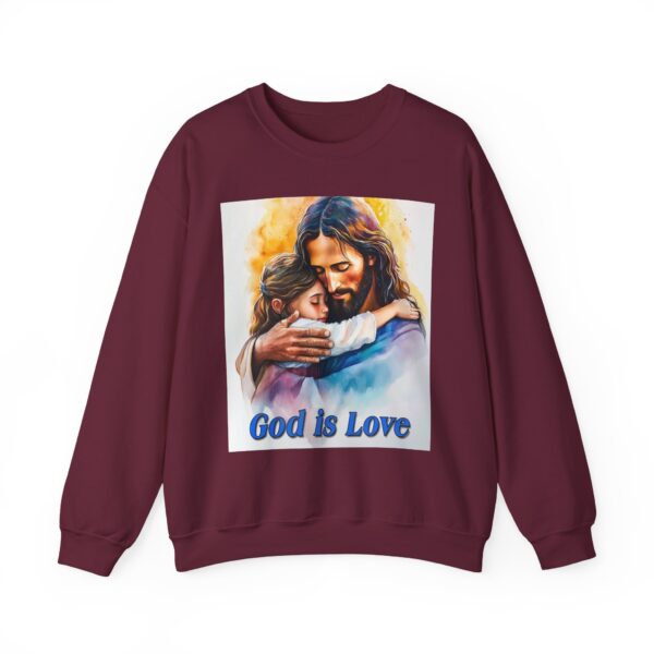 Crewneck Sweatshirt with our "God is Love" series with Jesus hugging a young girl! Inspirational Biblical Vintage Inspired Gift - Image 11