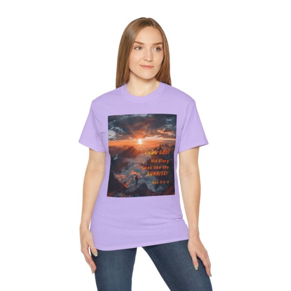 Cotton T-shirt with our inspirational "His splendor was like the sunrise" design with a quote from Habakkuk 3:3-4. Vintage Christian Faith Apparel Unisex Cotton T-Shirt, Thoughtful Quote - Image 27
