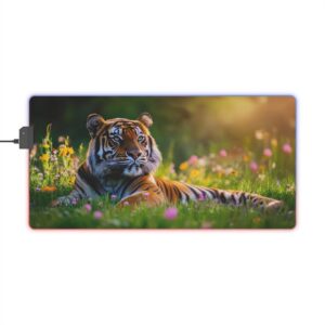 RGB LED Gaming Mouse Pad, Colorful Desk Mat with 'Bengal Tiger at Rest' Design, Gamer Home Office Decor, Computer Accessories, LED Backlit