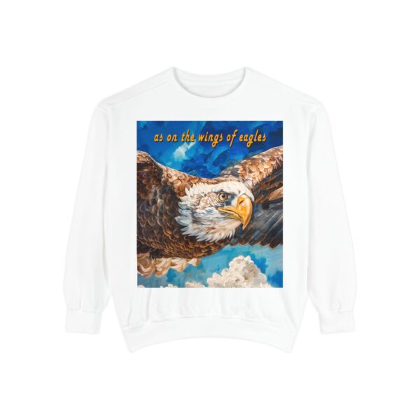 Our "as on the wings of eagles" Sweatshirt with a majestic eagle in flight. Vintage Christian Faith Apparel, Thoughtful Quote from Isaiah 40:31! Unisex Jumper, Pullover - Image 4