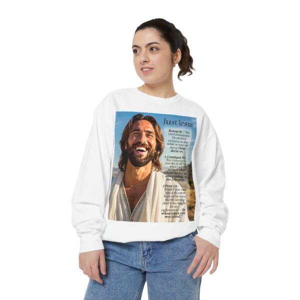 Sweatshirt Unisex with our inspirational "Just Jesus" and Verses on Salvation Design! Faith Apparel Gospel Fashion Jumper, Pullover - Image 10