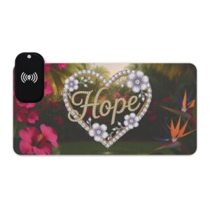 LED + Wireless Charger Gaming Mouse Pad with "Hope" 'Diamond Ring Heart' Design, Gaming Desk Accessory, Tech Gift, Home Office Gamer Essentials