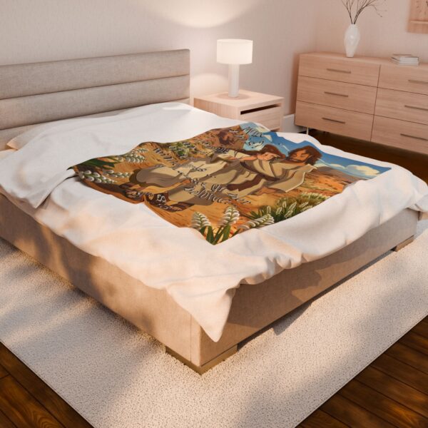Our inspirational with our "Who is this?" from Song of Solomon 8:5 design in ANIME style! Velveteen Plush Throw Blanket Design! A Cozy Gift for Anniversary, Wedding Faith Home Decor Bedding - Image 8