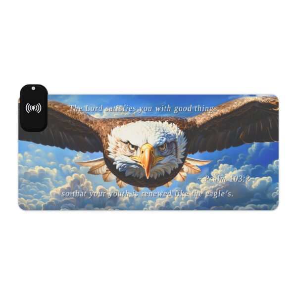 LED + Wireless Charger Gaming Mouse Pad with our inspirational 'Soaring Eagle' and Psalm 103:5 'your youth is renewed like the eagles' design. Backlit Charger Gaming Desk Accessory