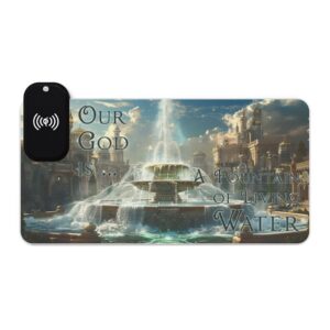 LED + Wireless Charger Gaming Mouse Pad-'Our God is a Fountain of Living Water' Design, Desk Accessory Tech Gift Home Office Essentials