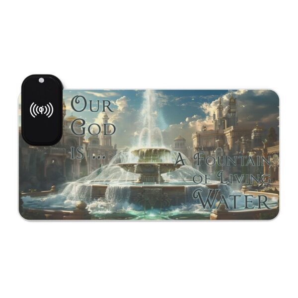 LED + Wireless Charger Gaming Mouse Pad-'Our God is a Fountain of Living Water' Design, Desk Accessory Tech Gift Home Office Essentials