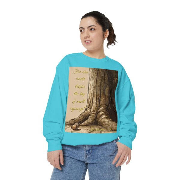 Sweatshirt Unisex with our Inspirational "Day of Small Beginnings" with thoughtful quote from Zech 4:10 and Acorn-Oak Tree design! Faith Apparel Gospel Fashion Jumper, Pullover - Image 24