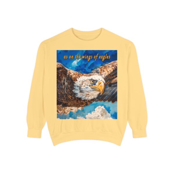 Our "as on the wings of eagles" Sweatshirt with a majestic eagle in flight. Vintage Christian Faith Apparel, Thoughtful Quote from Isaiah 40:31! Unisex Jumper, Pullover - Image 7