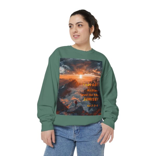 Sweatshirt Unisex our inspirational "His splendor was like the sunrise" design with a quote from Habakkuk 3:3-4! Faith Apparel Gospel Fashion Jumper, Pullover - Image 6