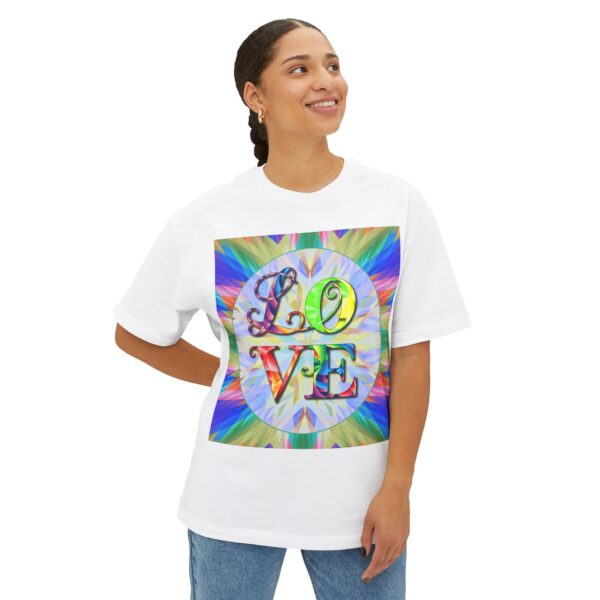 Our "Love" 'kaleidoscope' design on a Unisex Tee, Inspirational Oversized Box Tshirt, Religious Graphic Top, Travel Bible Verse Apparel - Image 2