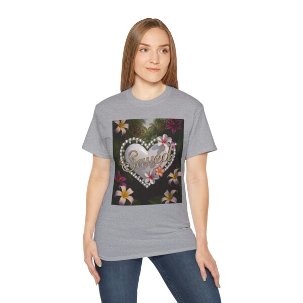 Our inspirational "Saved" 'Pure White Heart' Design! on a Christian Unisex Cotton T-Shirt, Faith Spiritual Apparel, Love Gift - Image 10