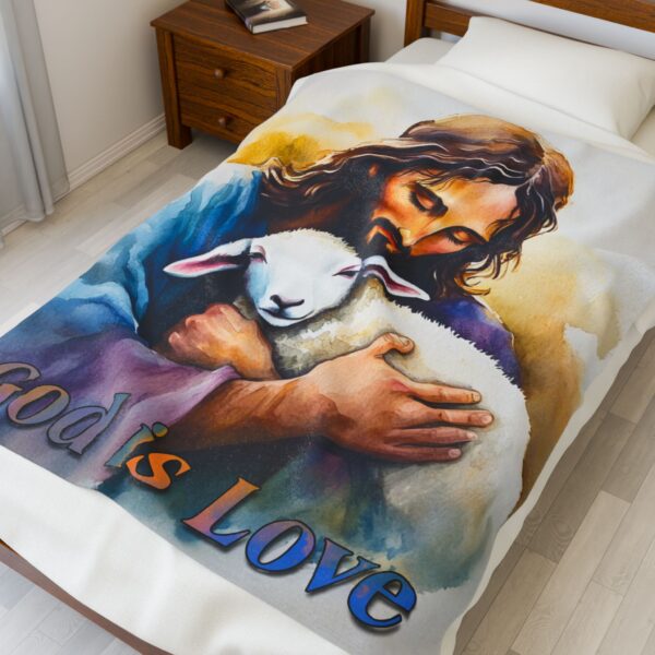Our "God is Love" series Throw Blanket with an image of Jesus hugging a Baby Lamb! Inspirational Velveteen Plush Throw Blanket, Cozy Gift, Faith Home Decor Bedding - Image 7