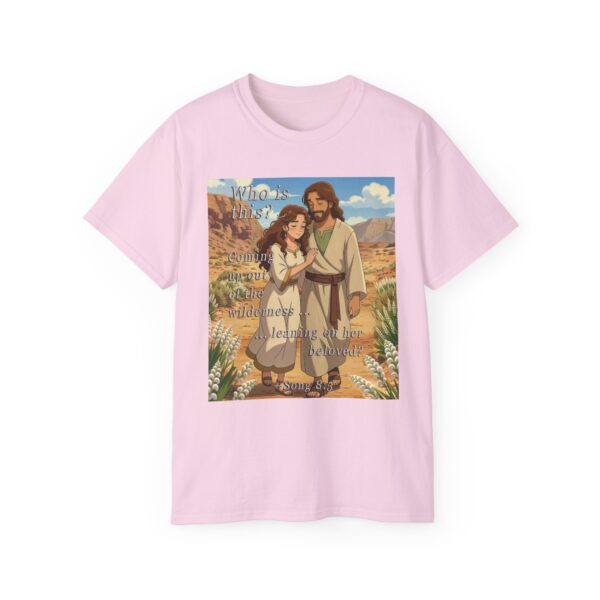 Cotton T-shirt with our inspirational "Who is this?" from Song of Solomon 8:5 ANIME style design. Vintage Christian Faith Apparel Unisex Cotton T-Shirt, Thoughtful Quote - Image 4