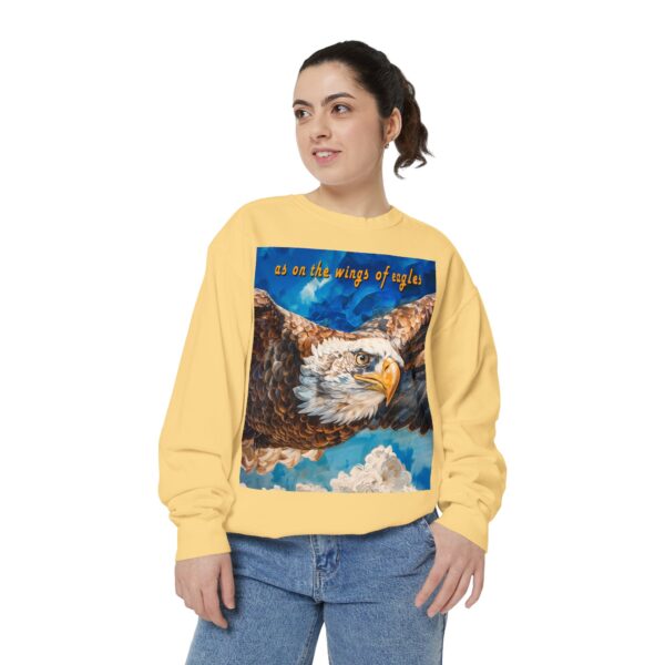 Our "as on the wings of eagles" Sweatshirt with a majestic eagle in flight. Vintage Christian Faith Apparel, Thoughtful Quote from Isaiah 40:31! Unisex Jumper, Pullover - Image 8