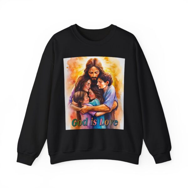 Crewneck Sweatshirt-with our "God is Love" series with Jesus hugging a young family! Inspirational Biblical Vintage Inspired Gift - Image 3