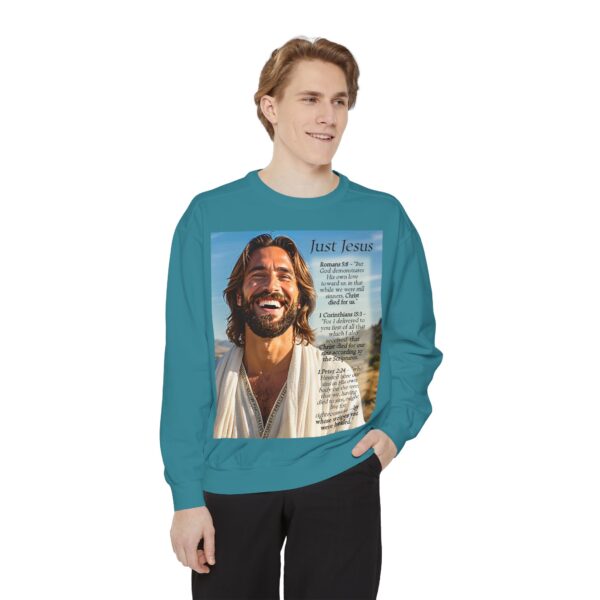 Sweatshirt Unisex with our inspirational "Just Jesus" and Verses on Salvation Design! Faith Apparel Gospel Fashion Jumper, Pullover - Image 25