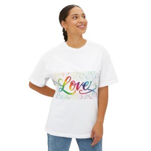 Our  "Love" 'spirals' design on a Unisex Tee, Inspirational Oversized Box Tshirt, Religious Graphic Top, Travel Bible Verse Apparel