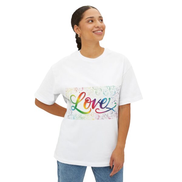 Our  "Love" 'spirals' design on a Unisex Tee, Inspirational Oversized Box Tshirt, Religious Graphic Top, Travel Bible Verse Apparel