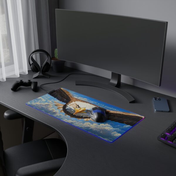 RGB LED Gaming Mouse Pad Desk Mat with our inspirational 'Soaring Eagle' and Psalm 103:5 'your youth is renewed like the eagles' design. Gamer Home Office Decor, LED Backlit - Image 3