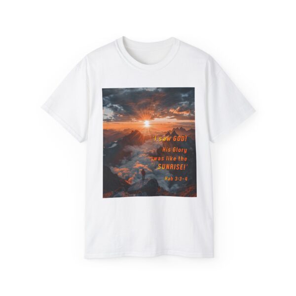 Cotton T-shirt with our inspirational "His splendor was like the sunrise" design with a quote from Habakkuk 3:3-4. Vintage Christian Faith Apparel Unisex Cotton T-Shirt, Thoughtful Quote - Image 5