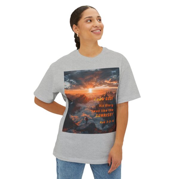Boxy Oversized T-shirt with our inspirational "His splendor was like the sunrise" design with a quote from Habakkuk 3:3-4. Christian Faith Apparel Unisex Cotton Tee, Oversized Boxy Tshirt - Image 10