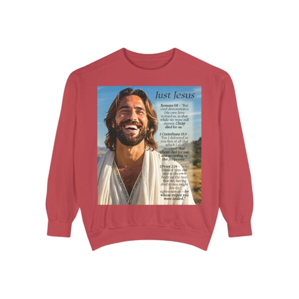 Sweatshirt Unisex with our inspirational "Just Jesus" and Verses on Salvation Design! Faith Apparel Gospel Fashion Jumper, Pullover - Image 8