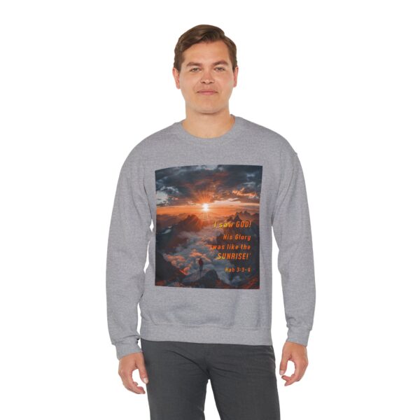 Crewneck Sweatshirt-with our inspirational "His splendor was like the sunrise" design with a quote from Habakkuk 3:3-4!Vintage Inspired Faith Apparel, Gospel Fashion Unisex Heavy - Image 12