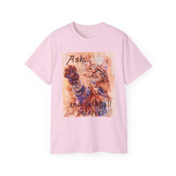 Our "Ask ...and ye shall receive" Matt 7:7 featuring a Maine Coon Cat asking for a treat! Vintage Christian Faith Apparel Unisex Cotton T-Shirt, Thoughtful Quote, Philippians 4:8 - Image 2
