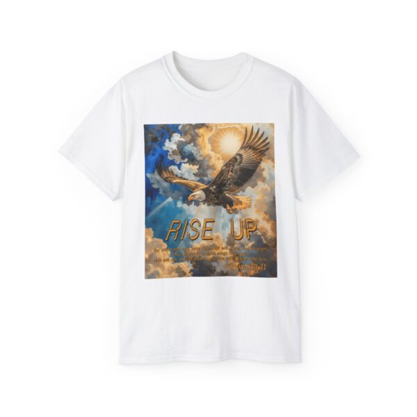 Cotton T-shirt with our "RISE UP" 'soaring eagle' design with Isaiah 40:31! Vintage Christian Faith Apparel Unisex Cotton T-Shirt, Thoughtful Quote - Image 5