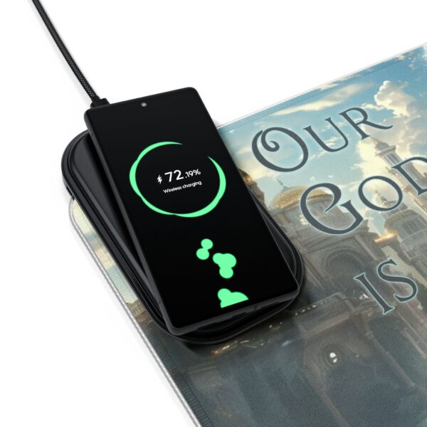 LED + Wireless Charger Gaming Mouse Pad-'Our God is a Fountain of Living Water' Design, Desk Accessory Tech Gift Home Office Essentials - Image 4