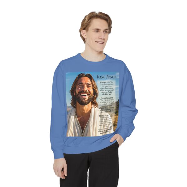 Sweatshirt Unisex with our inspirational "Just Jesus" and Verses on Salvation Design! Faith Apparel Gospel Fashion Jumper, Pullover - Image 32